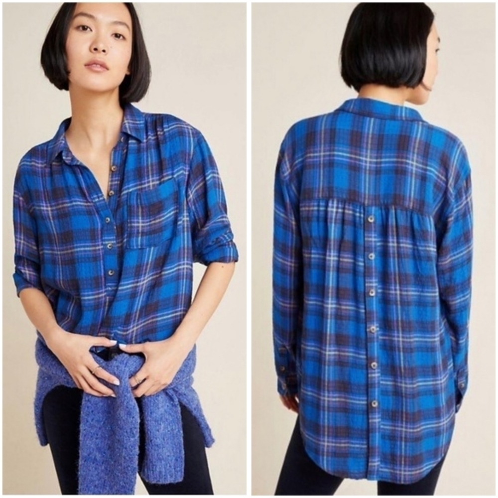 Anthropologie Isadora blue plaid button down shirt button back size small